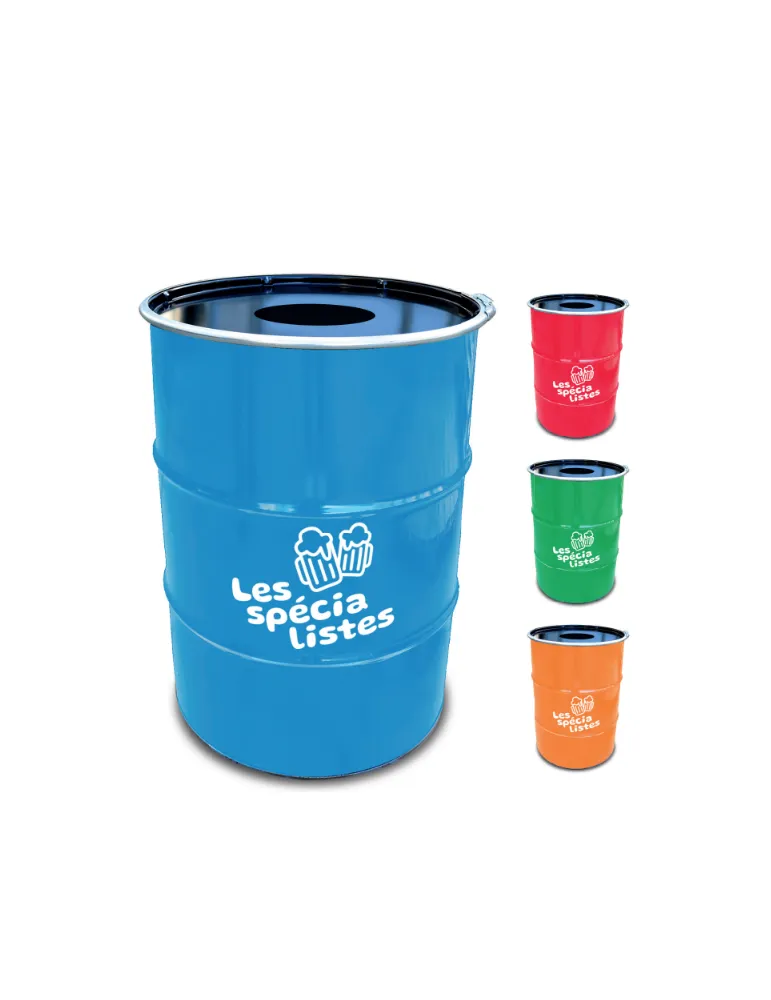 Des barils colorés avec des personnalisations blanches