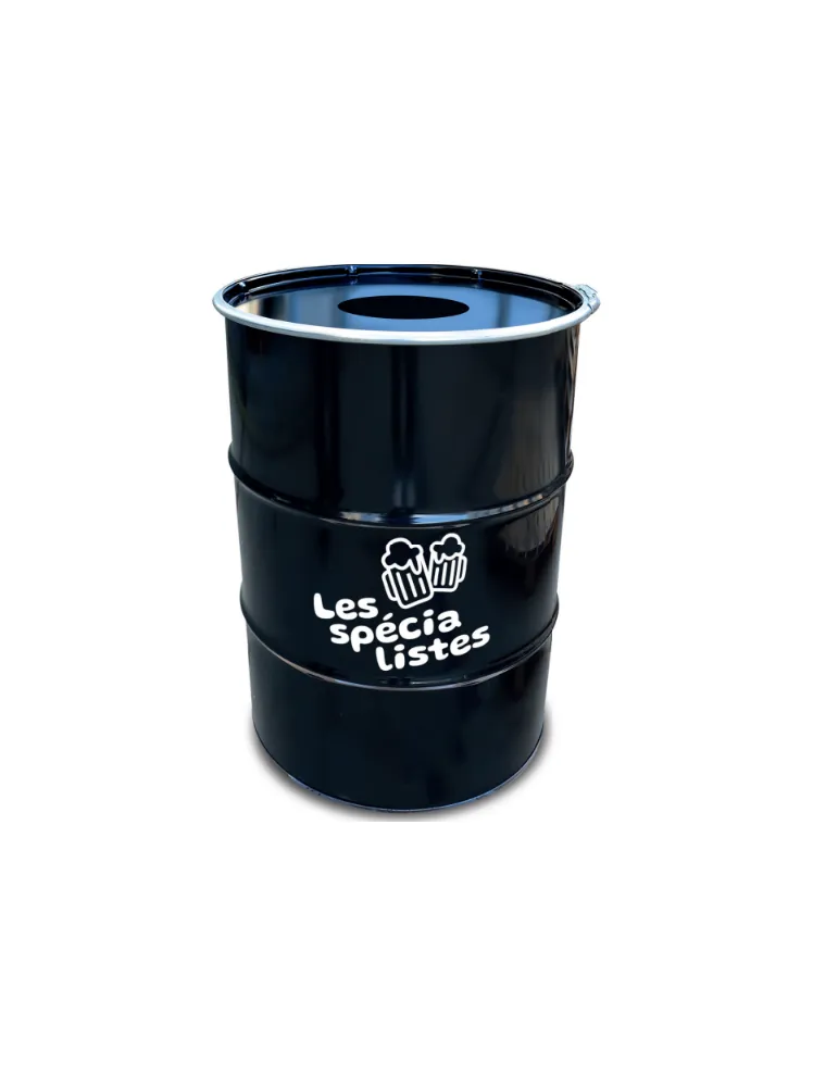 Un baril noir en acier avec logo blanc sur le devant