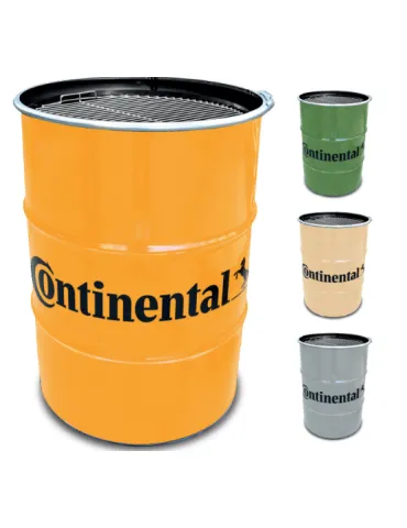 Des barils colorés avec un grille barbecue sur le sommet et un logo imprimé en noir sur le devant