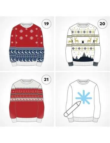 Un homme et une femme qui porte des pulls tricotés avec des motifs de Noël et un logo sur le devant 2