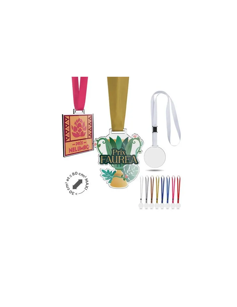 MEDAILLE EN PMMA EP 3 mm ENTRE 30 ET MAXI 80 cm2 AVEC CORDON SATIN