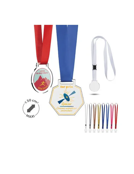 MEDAILLE PLASTIQUE (PMMA) EP 3 mm ET MAXI 30 cm2 AVEC CORDON SATIN