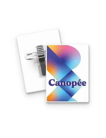 BADGE PLASTIQUE (PS) RECTANGLE 43x58 mm AVEC PINCE EPINGLE